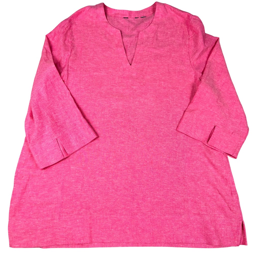 Lands‎ End Linen blend V Neck 3/4 Sleeve Tunic Lagenlook Top Coral red Pink XXL